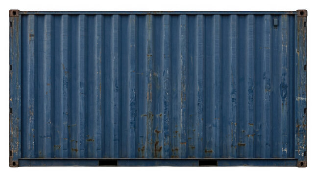 Old weathered blue cargo container wall with rusted metal texture and vertical corrugated steel panels for shipping isolated on transparent background