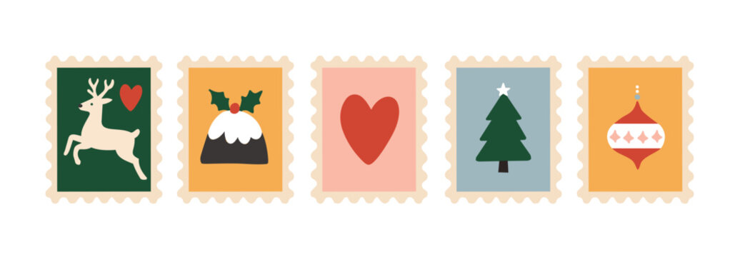 Christmas Postage Stamps Set. Reindeer, Christmas Pudding, Red Heart, Holly, Tree. Vintage Ornament. Cute Festive Holiday Postal Stamp Collection. Retro Scandinavian Style, Flat Vector 