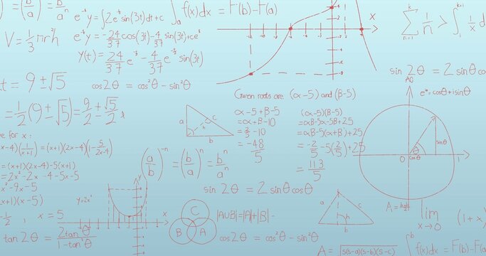 Covering pale blue board with dense pink math equations and graphs in classroom, with unit circle