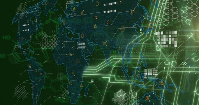 Displaying global map on abstract control-panel, showing neon-green circuit paths and node markers
