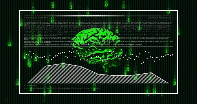 Floating neon green brain graphic pulsing inside white framed display, showing binary code