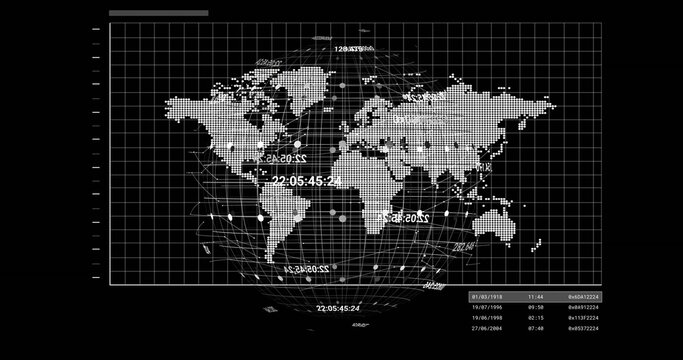 Displaying dotted world map projecting on wireframe globe on dashboard, with node markers