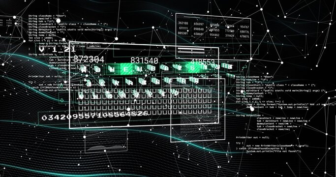 Displaying holographic keyboard floating over virtual network, showing numeric overlays and code