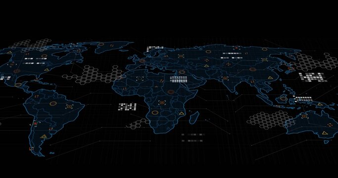 Displaying digital world map on virtual dashboard, showing hexes, nodes, triangular alerts, grid
