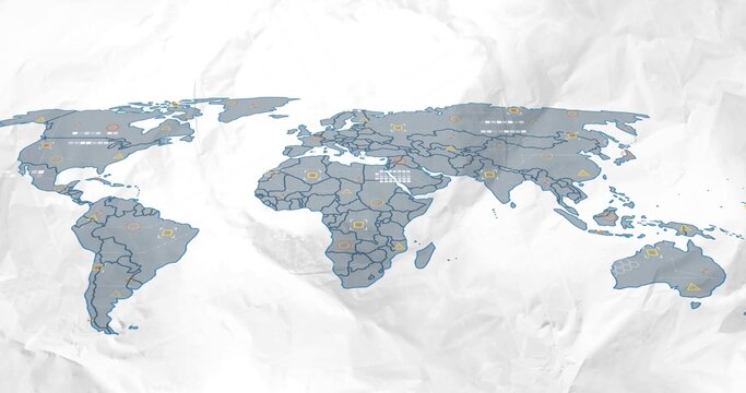 Displaying world map on crumpled paper, showing yellow orange markers, pale blocks, Eurasia grid