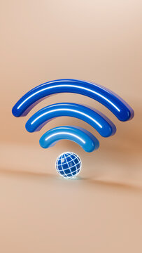 3d blue wifi symbol with globe icon on beige background