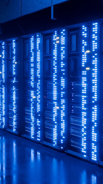 Server racks with led lights in data center environment