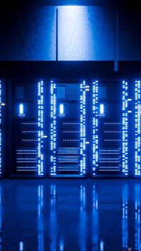 Server racks illuminated with blue led lights in data center