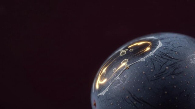 Static ultra macro close-up of grape skin with subtle osmotic refraction in single wild yeast cell, clean dark burgundy copy space seamless loop