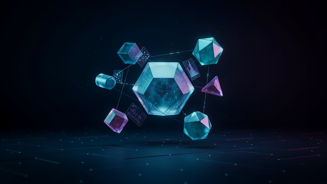 Floating geometric shapes including a central dodecahedron, cubes, and pyramids connected by thin lines in a dark space representing complex data structures and abstract mathematical concepts