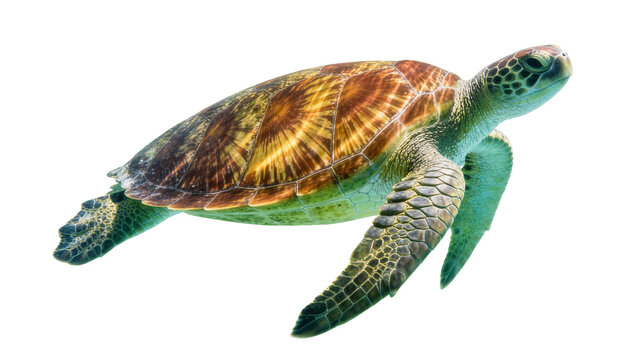 Green sea turtle with patterned brown shell swimming in profile view
