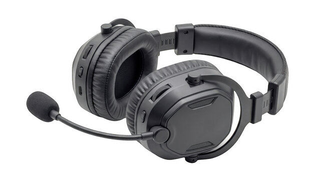 Black tactical combat communication headset with a microphone for military or professional radio and gaming use isolated on transparent background