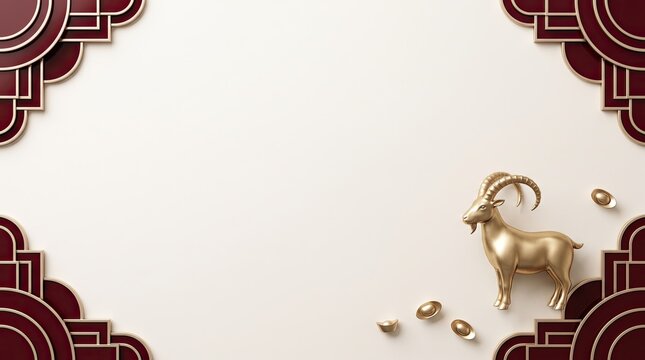 3d render golden goat statue with sycee ingot and chinese style red frame, happy lunar new year concept