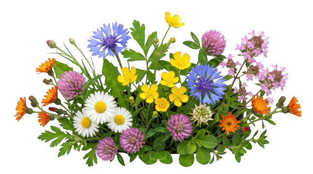 Colorful bouquet of wild summer flowers with blue cornflowers and yellow buttercups for a beautiful nature design isolated on transparent background