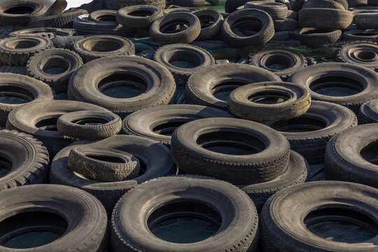 Piles of Used Tires at a Recycling Center