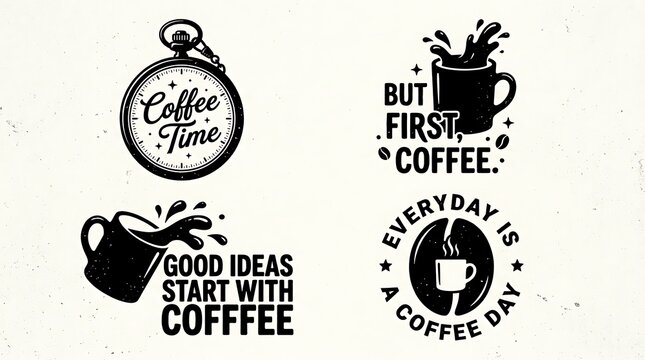 Coffee Quotes and Vintage Badge Set with Cup and Typography Lettering for Cafe Label Design and T Shirt Print