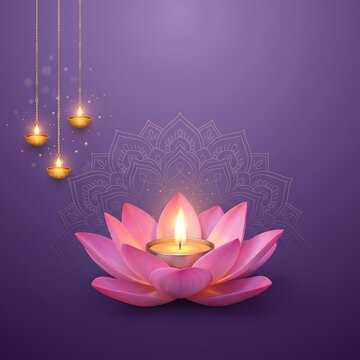 Pink lotus flower with a glowing tea light candle, hanging golden oil lamps, and a decorative mandala pattern on a purple background