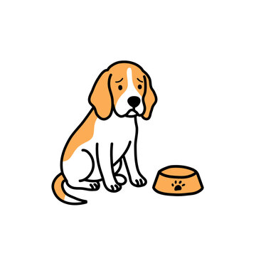 Sad beagle dog sitting next to a food bowl illustration