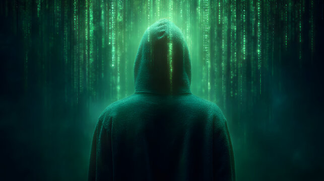 Mysterious hooded programmer facing glowing digital code rain symbolizes advanced cybersecurity and data system security.