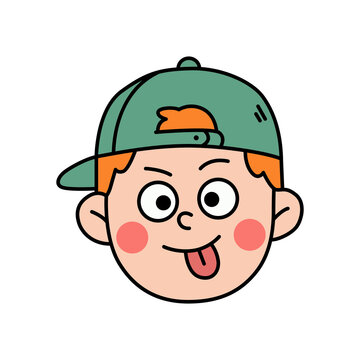 Cute boy character avatar with green cap sticking tongue out vector illustration