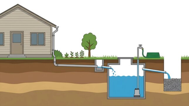 Diagram Illustrating Residential Rainwater Harvesting System with Underground Storage Tank and Filtration Mechanism
