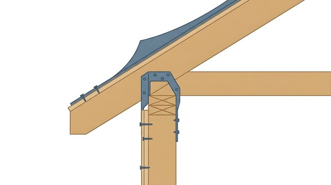 Detailed Cross Section Illustration Showing Timber Roof Truss Connection with Steel Plate to Wall Stud for Structural Engineering Standards