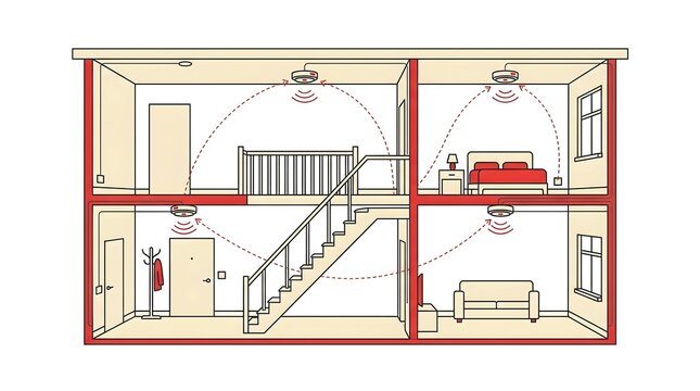 Smart Home Wireless Signal Coverage Map Showing Mesh Network Connectivity Across Multi-Level Residential Interior Layout Floor Plan