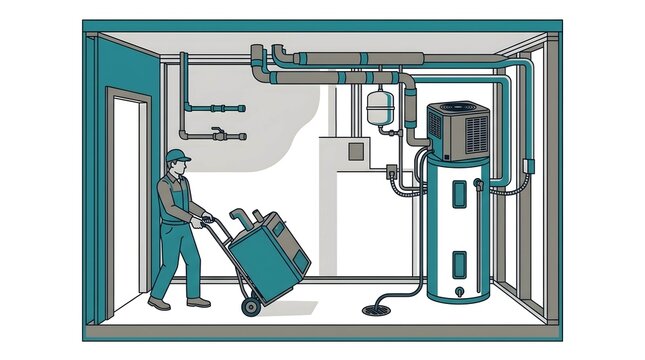 Professional HVAC Technician Transporting Equipment for Residential Water Heater and Ventilation System Installation Maintenance Service