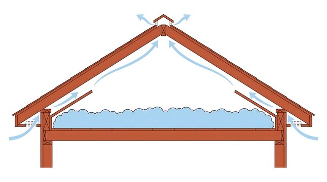 Cross Sectional Diagram Showing Proper Attic Ventilation and Insulation Airflow Patterns for Residential Building Roof Systems