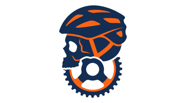 Vector Illustration of a Cycling Skull Wearing a Helmet Integrated with a Bicycle Gear Cog for Sports and Outdoor Fitness Branding