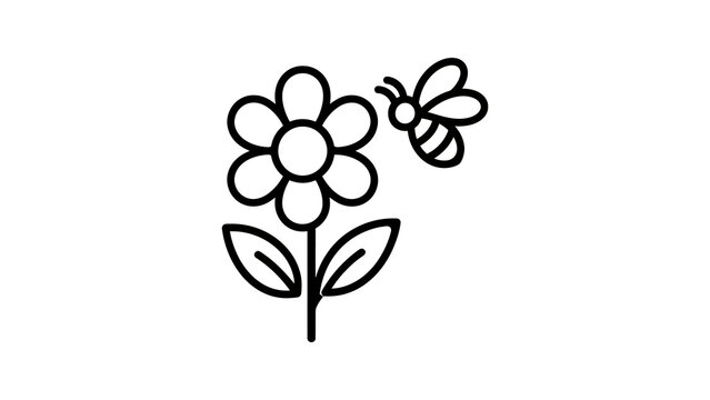 Honey bee flying near flower icon with black outlines for garden theme.