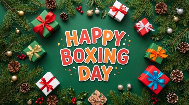 Happy boxing day greeting with colorful gift boxes and festive decorations