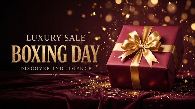 Luxury boxing day gift box with golden bow and sparkles on dark background