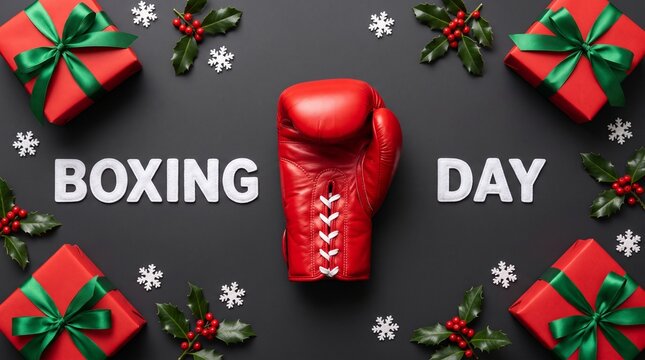 Red gift box with holiday snowflakes and presents for boxing day celebration