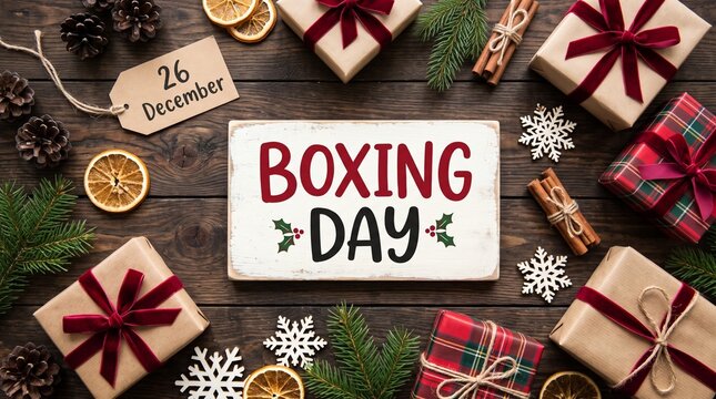 Boxing day celebration with wrapped gifts and holiday decorations
