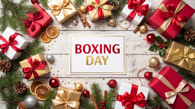 Boxing day celebration with wrapped gifts and holiday decorations