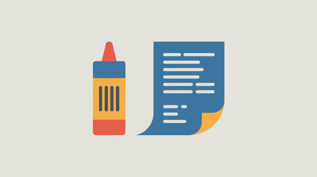 Flat Vector Icon Set Featuring a Bottle of Adhesive Glue Beside a Paper Document Sheet for Office Supplies and Crafting Station Illustration