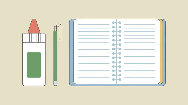 Flat Vector Illustration of Office Stationery Supplies Featuring a Notebook Pen and Glue Bottle for Creative Projects and Educational Planning