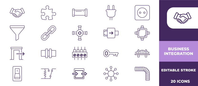 Set of twenty business integration line icons featuring handshake puzzle piece and various network connection symbols