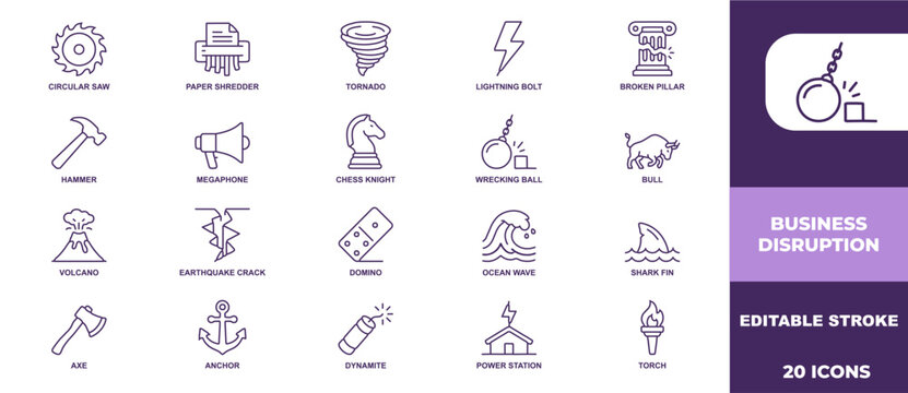 Set of twenty business disruption outline icons illustrating various concepts of market change and corporate transformation