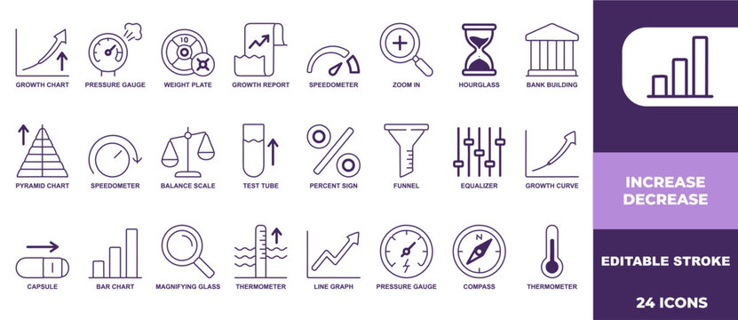 Set of twenty four business analytics and finance icons featuring growth charts and measurement tools