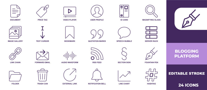 Set of twenty four blogging platform line icons for digital content creation and web interface design