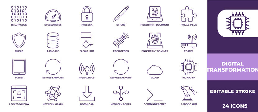 Set of twenty four digital transformation line icons for web and mobile software development interface design