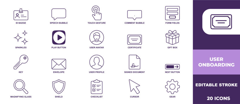 Set of twenty vector user onboarding icons with clean minimalist line art style for modern design