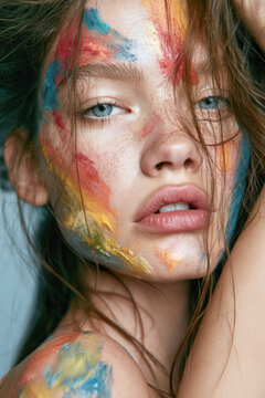 close up portrait of a young beautiful woman with creative colorful paint strokes on her face and body looking at camera with striking blue eyes and natural freckles