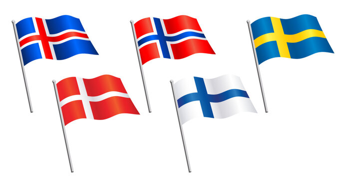 flying scandinavian flags on flagpoles set of 5 denmark iceland norway sweden finland silk icon vector on transparent background