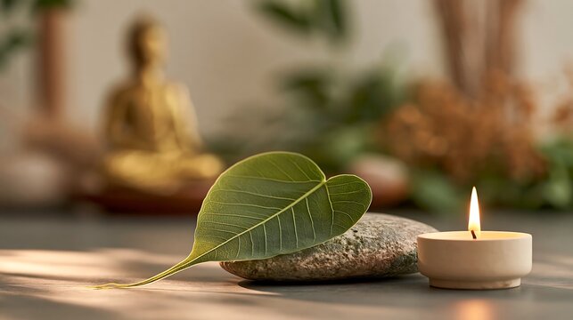 Green Bodhi leaf rests on a smooth stone beside a burning candle with a blurred golden Buddha statue. Rohatsu and Bodhi Day symbolism for Buddhist meditation, spiritual articles and wellness designs