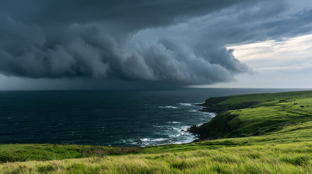 fierce atlantic storm approaching a tranquil green coastal meadow, dramatic dark storm clouds over a peaceful atlantic coastline, powerful stormfront sweeping across a lush green coastal landscape
