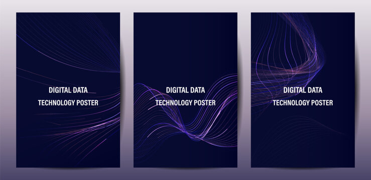 Abstract digital data wave tech poster background template vector set