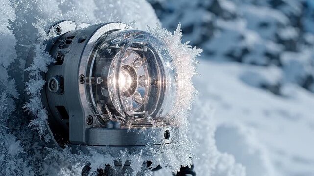 Frost covered industrial lamp flashes and settles in snowy conditions. Winter equipment and cold weather operation. Ice formation, durability and outdoor technology concept.